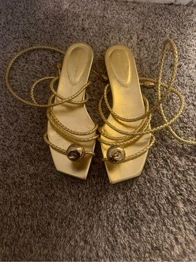 Bottega Veneta Gold Braided Lace-Up Espadrille Sandals